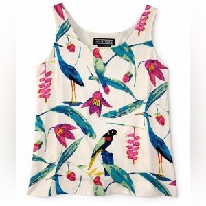 Ann May Silk Tank Top tropical floral birds cream blue pink size S